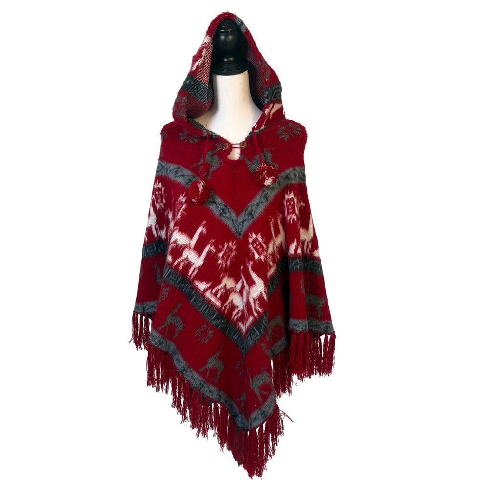 Tejidos Imalaya Poncho Womens OS Red Wool Hooded Llama Fringe Excellent Ecuador